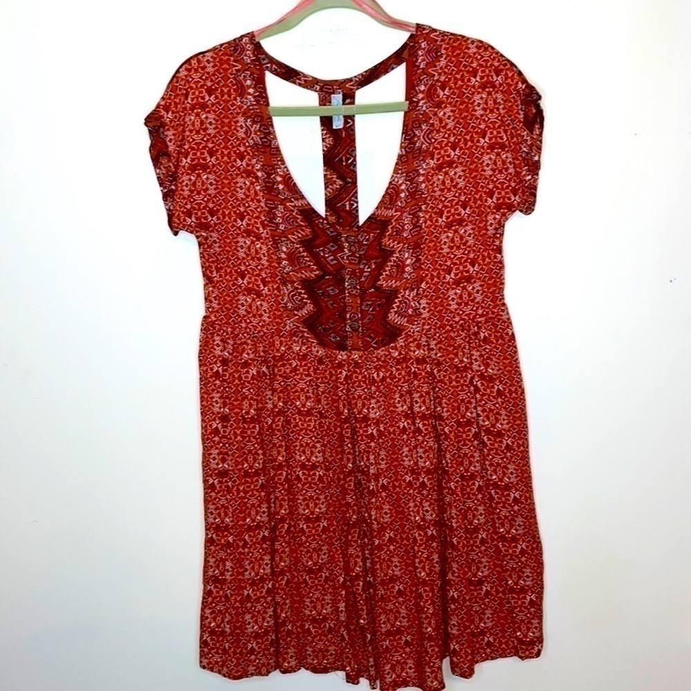 Free People Sundown Babydoll Dress Spilt Open Back Flowy Aztec Print - Picture 5 of 7